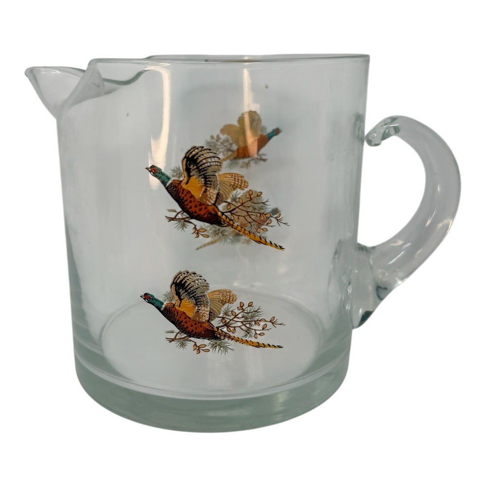 West Virginia Glass Pheasant Cocktail Pitcher 1960s Glass Clear‎ 5.25in Ice Lip